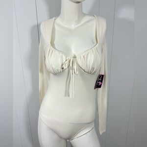 NWT MIXED THREADS Sz L Women’s Sexy Scoop Neck Long Sleeve bodysuit Beige Ribbed